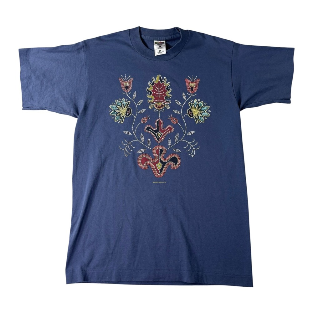 Vintage Fruit of the Loom Best TShirt Navy Blue Nordic Floral Graphic USA Made M